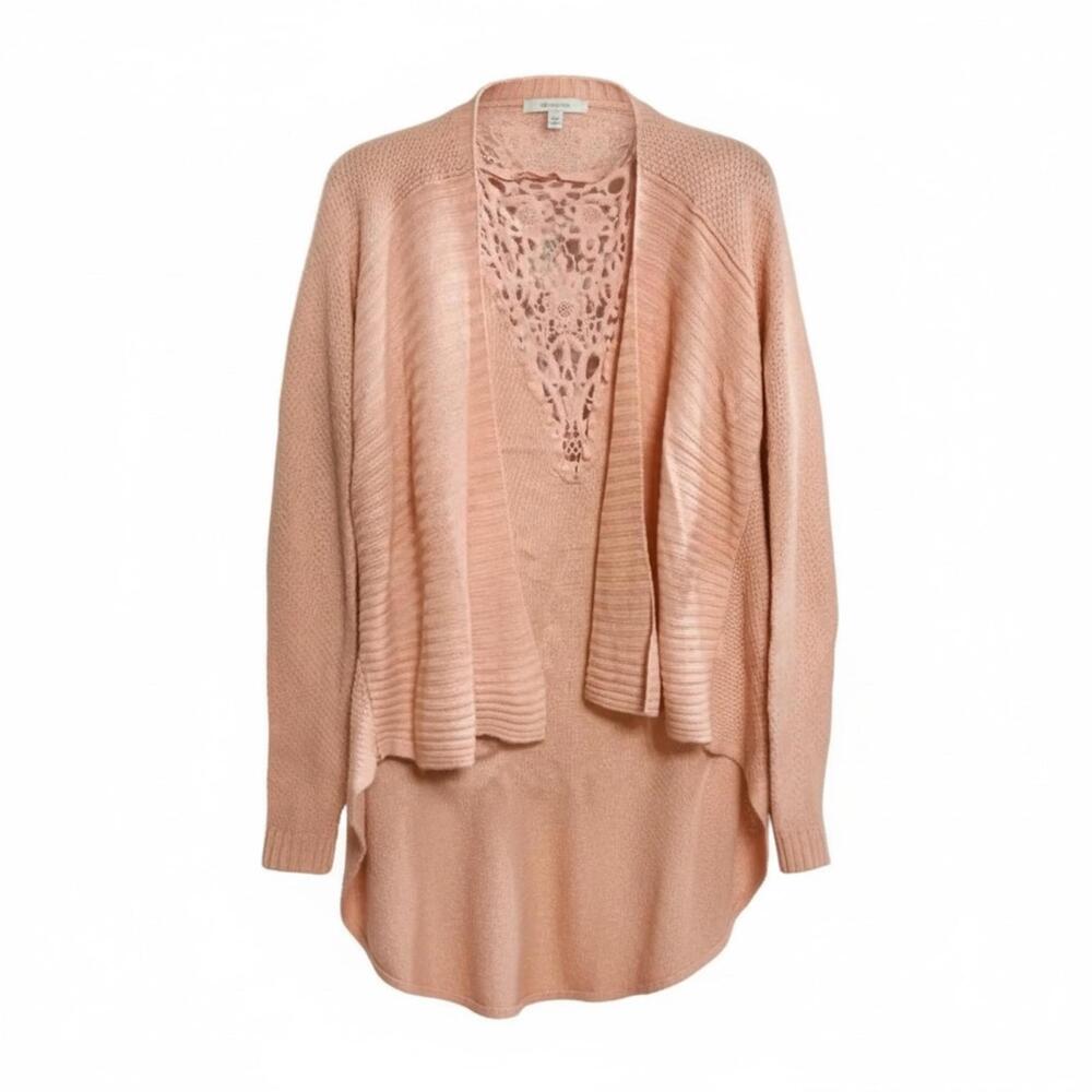 Versona Pink Cardigan Shawl Sweater Crochet Lace Detail on Back Ladies S